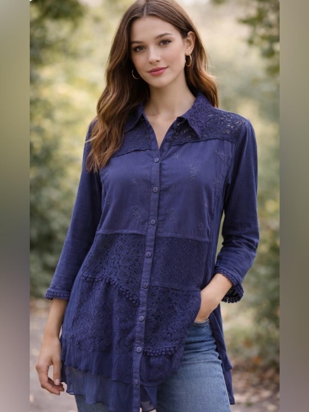 April Cornell Cotton Lace Button Front Tunic Large